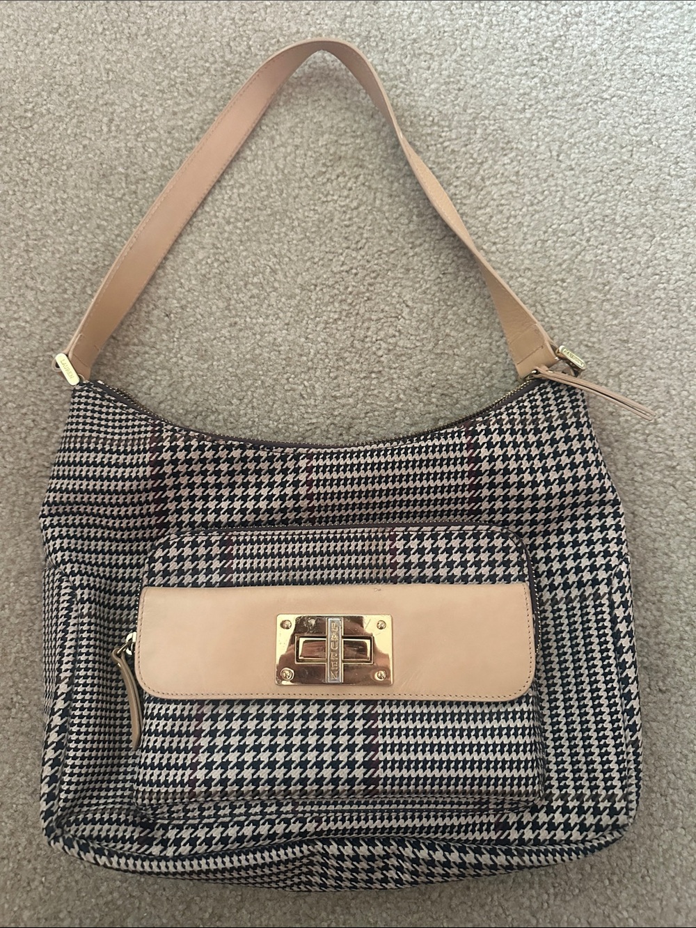 Lauren Ralph Lauren Black and Beige Houndstooth Shoulder Bag